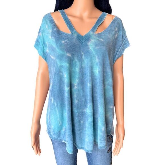 NEW Maronie Anthropologie Blue Tie Dye Cold Shoulder Boho Oversized Tee Large - Picture 4 of 6